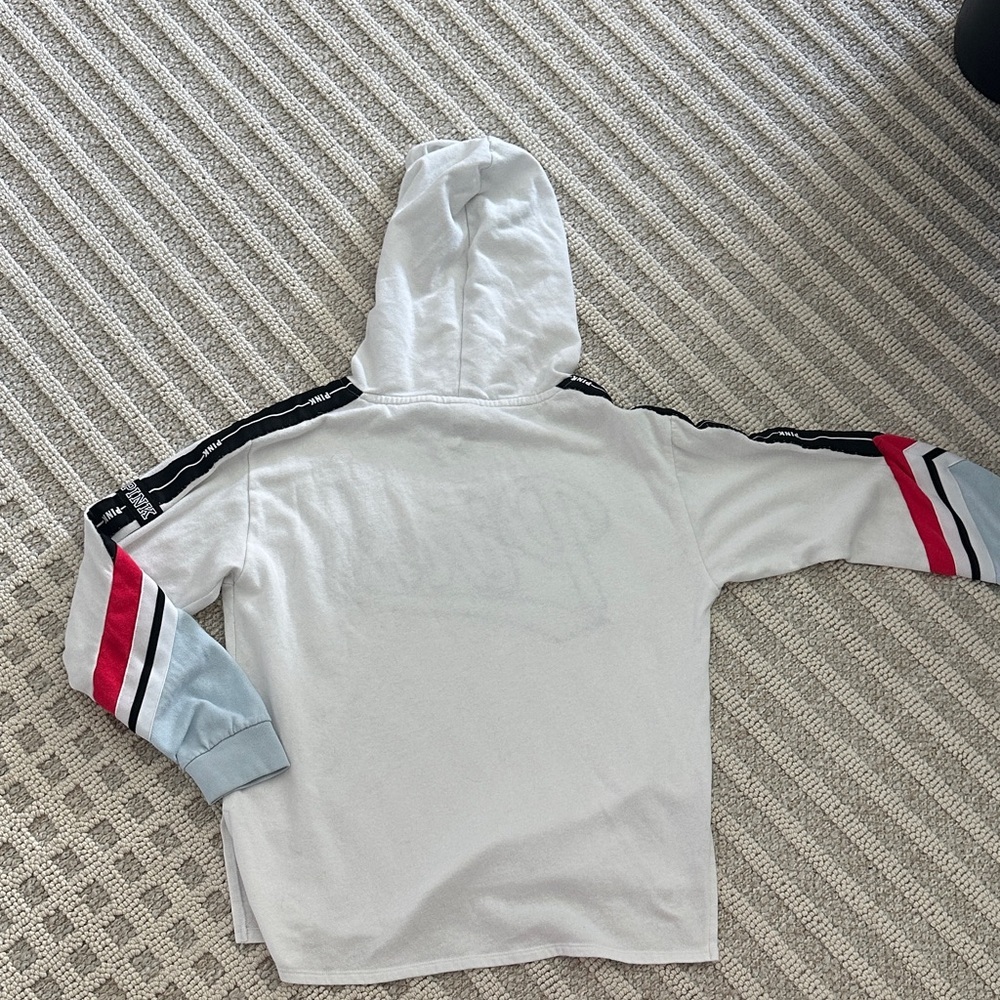 PINK Victoria's Secret White Hoodie with Colorful Sleeve Stripes - Picture 6 of 7